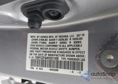 2019 Honda Civic Lx из США, поврежденный, VIN 19XFC2F64KE021436